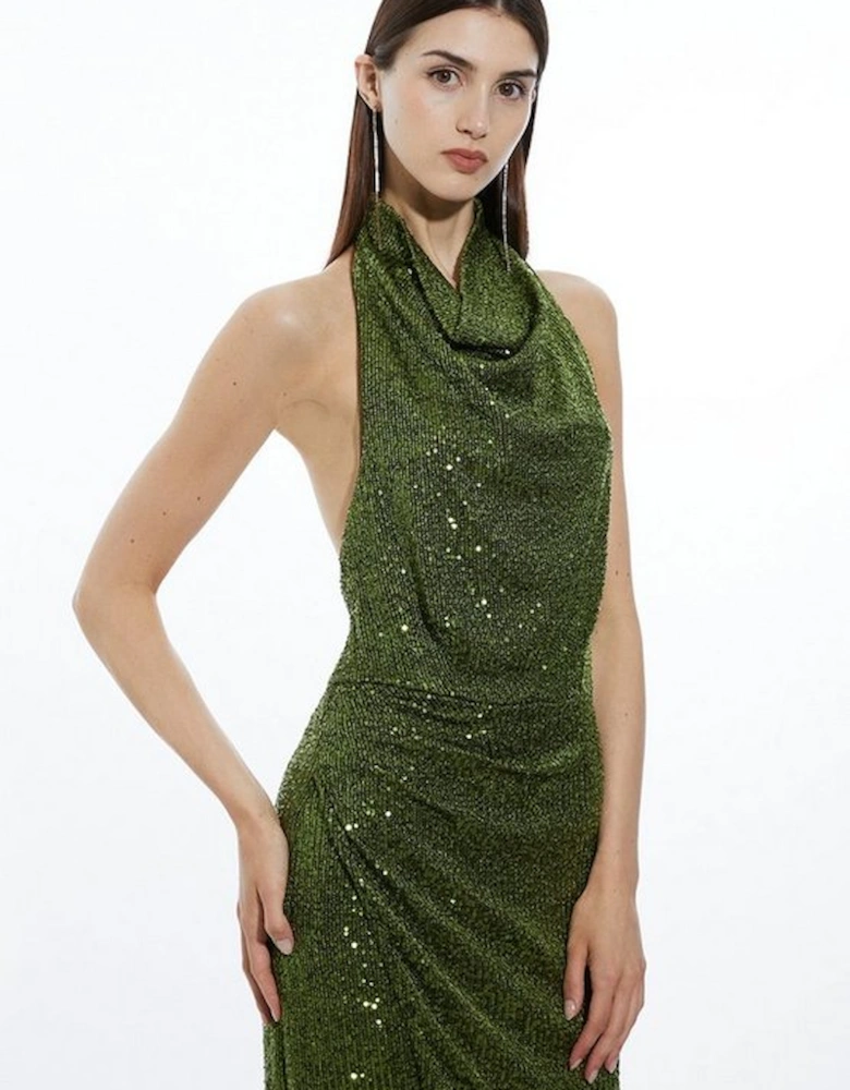 Petite Halterneck Sequin Jersey Side Split Maxi Dress