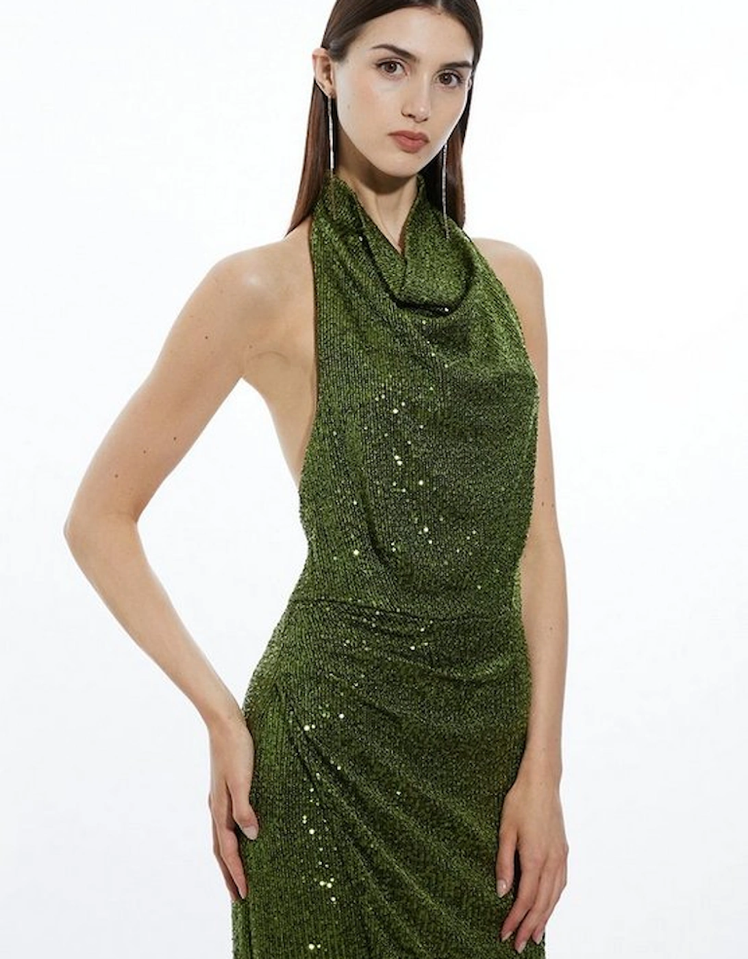 Petite Halterneck Sequin Jersey Side Split Maxi Dress