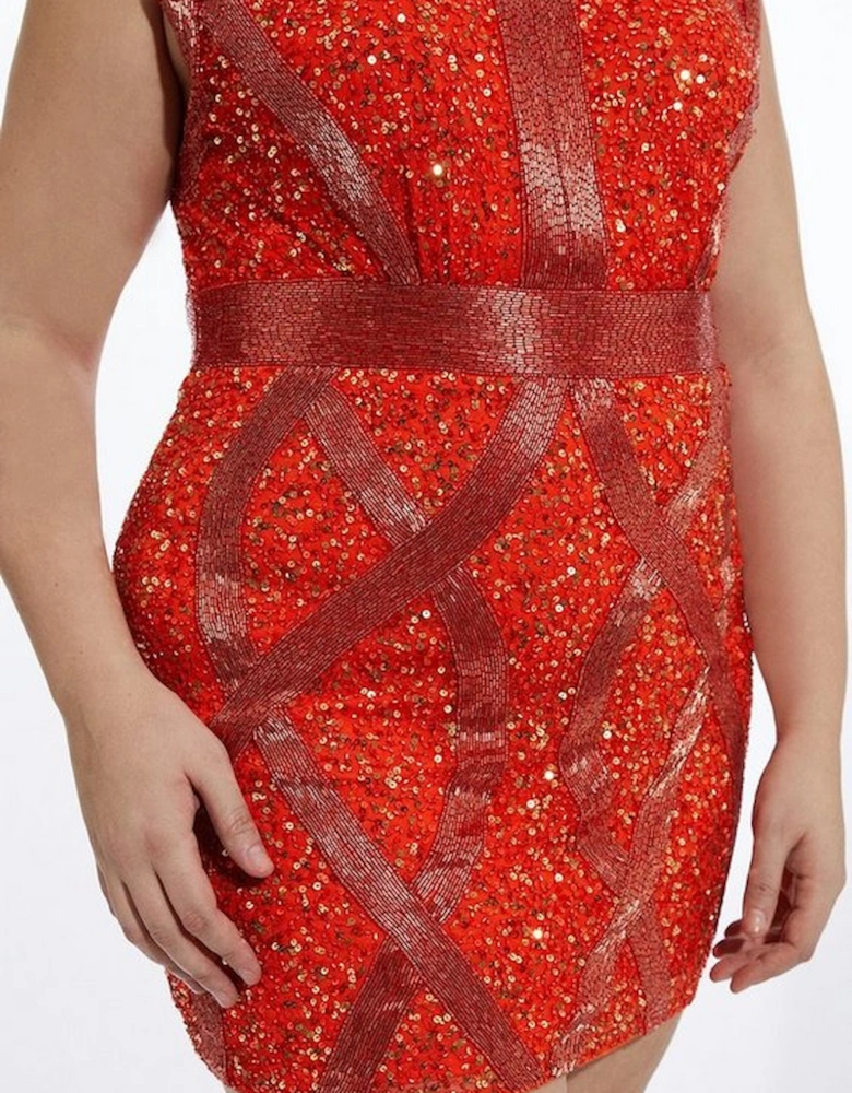 Plus Size Crystal Embellished Strong Shoulder Mini Dress