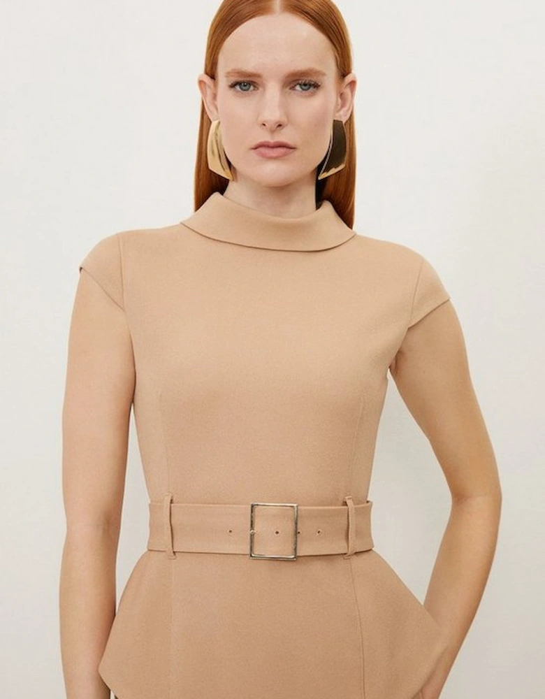 Structured Crepe Roll Neck Peplum Belted Midi Dress