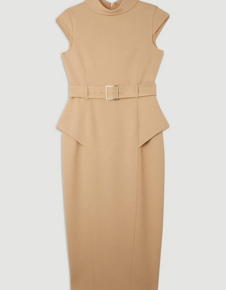 Structured Crepe Roll Neck Peplum Belted Midi Dress