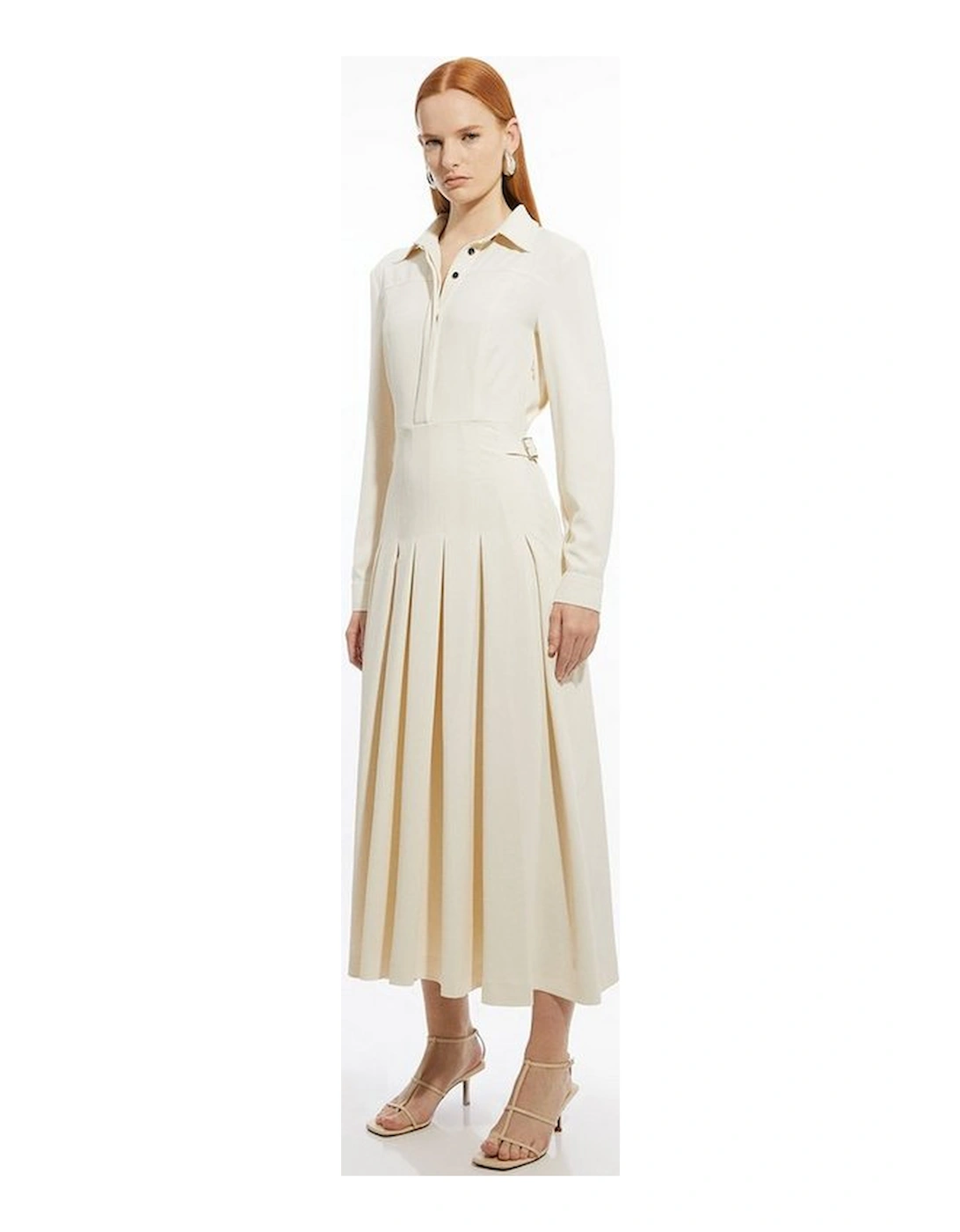 Tailored Crepe Pleated Midi Shirt Dress