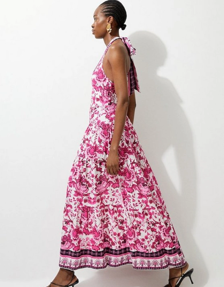 Floral Printed Viscose Woven Halter Maxi Dress