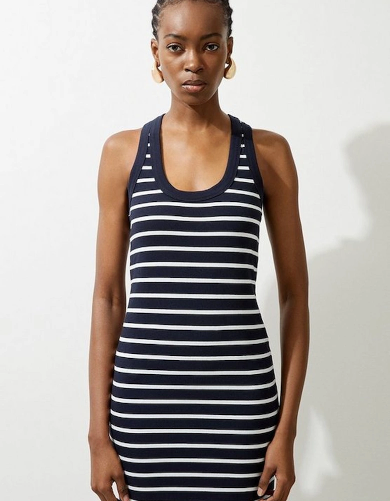 Stripe Stretch Cotton Jersey Racer Back Midi Dress