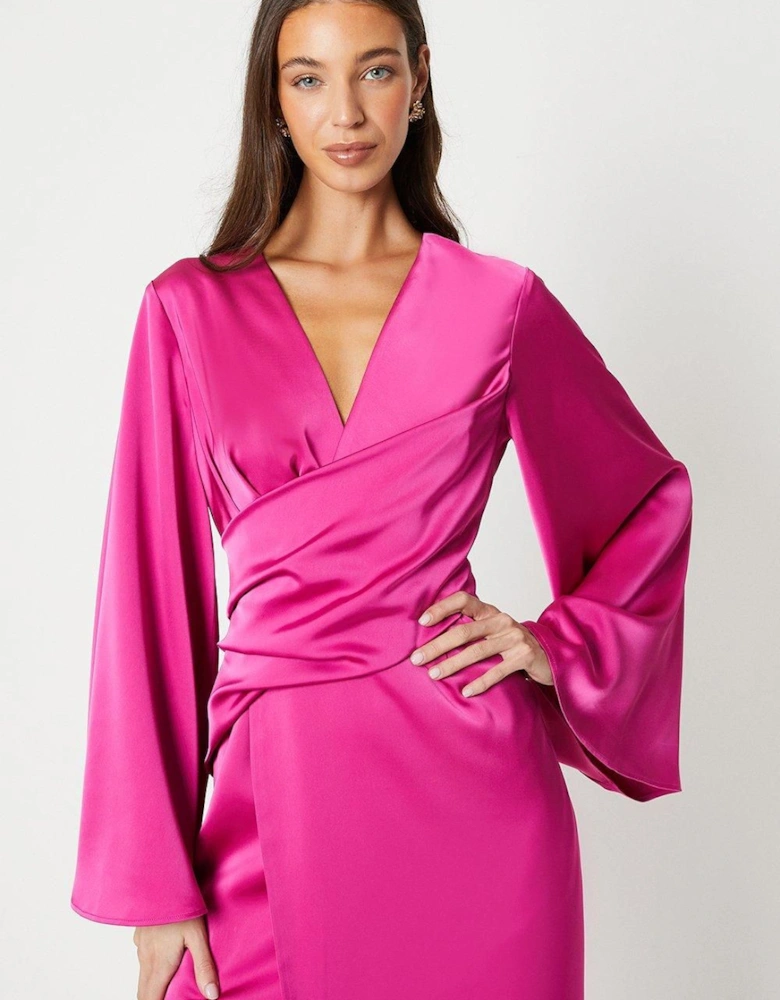 Satin Wrap Dress With Flare Sleeve