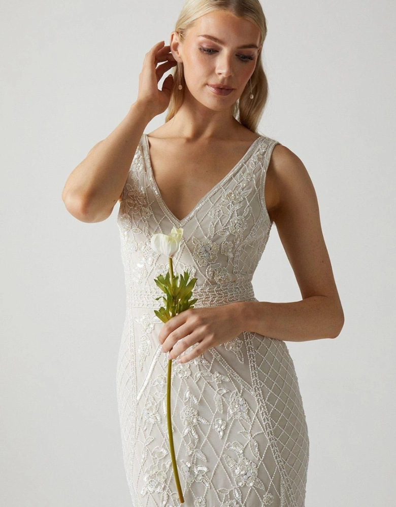 Plunge Floral Embellished Wedding Dress