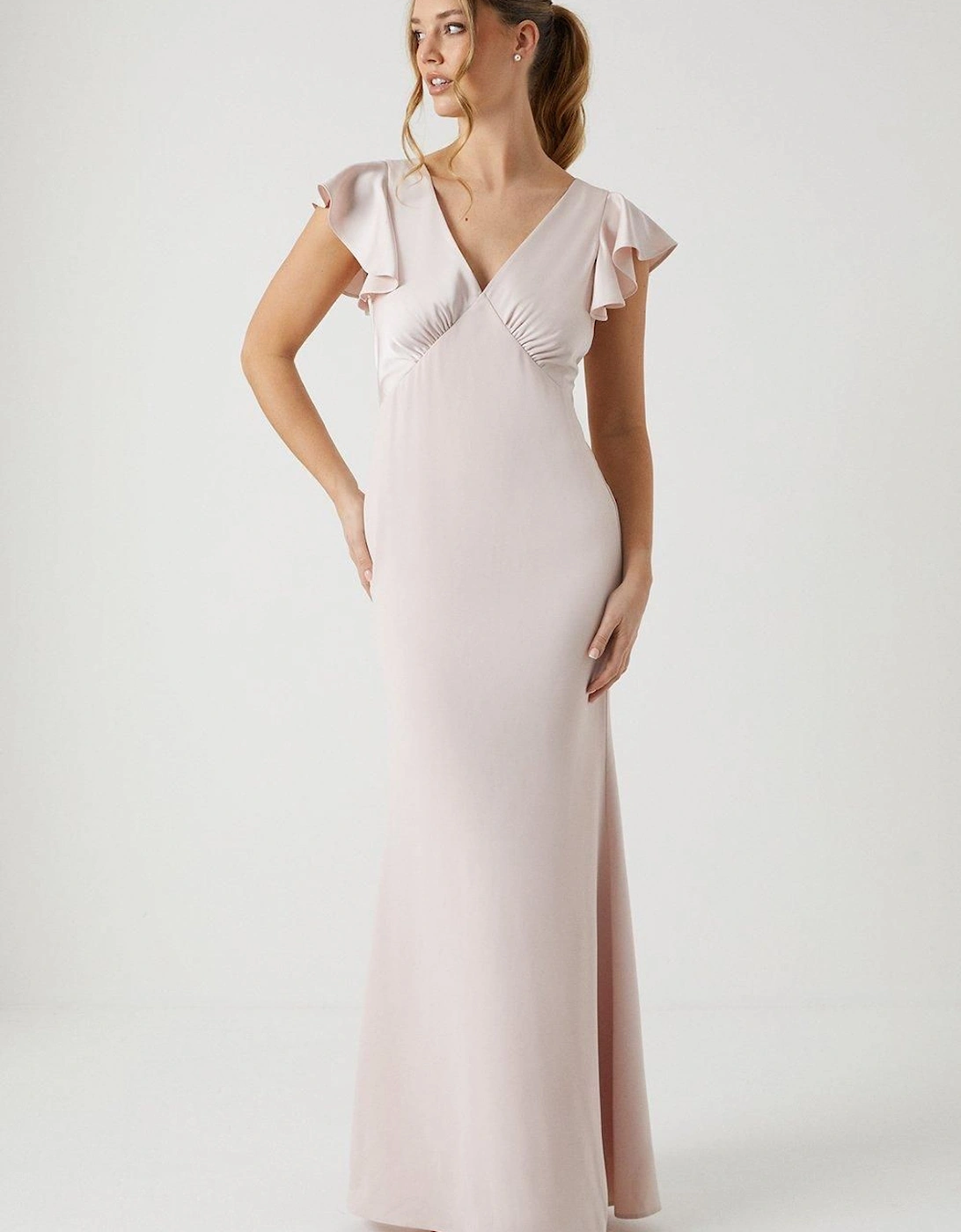 V Neck Angel Sleeve Satin Bridesmaid Dress