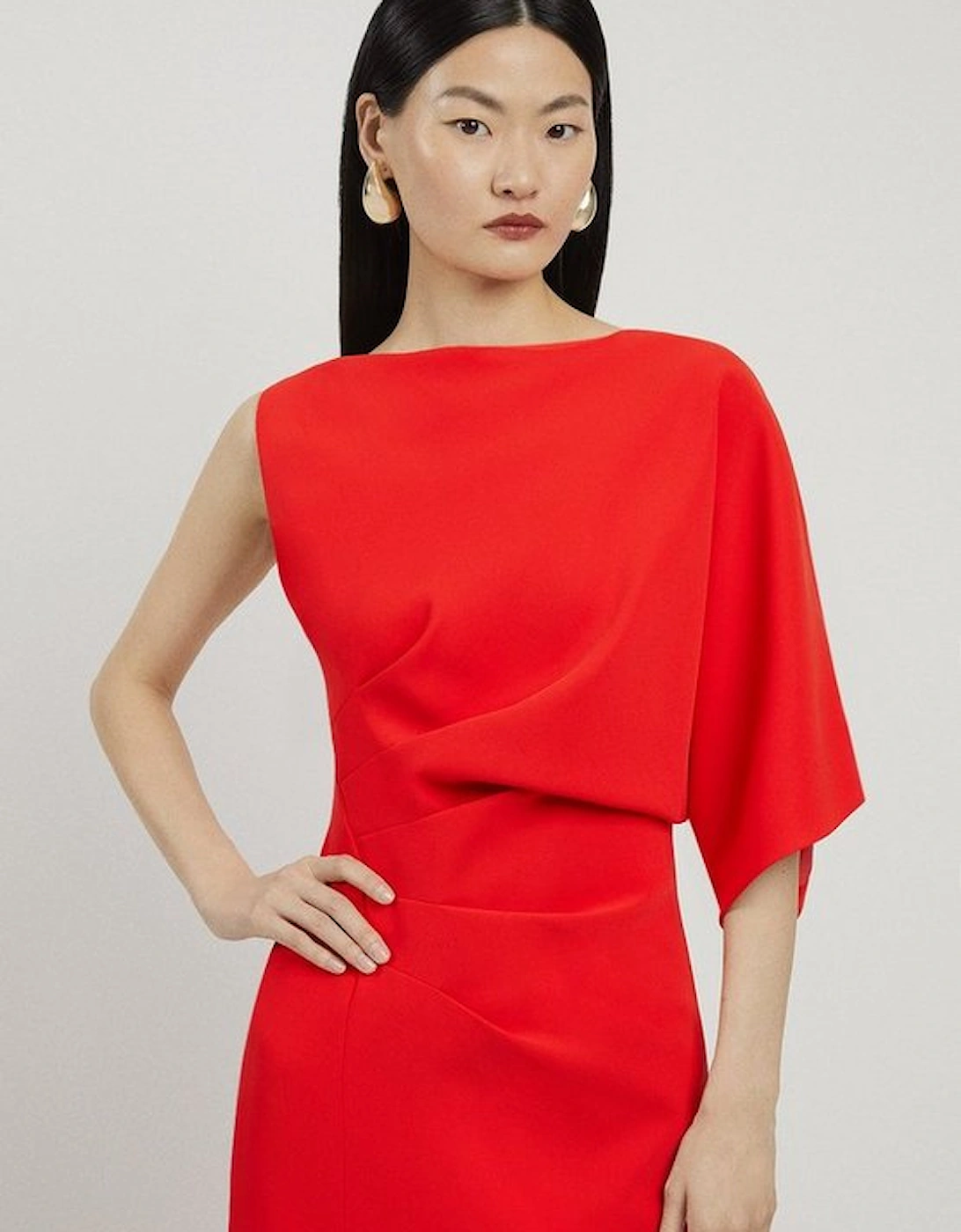 Fluid Tailored Asymmetric Sleeve Midi Dress