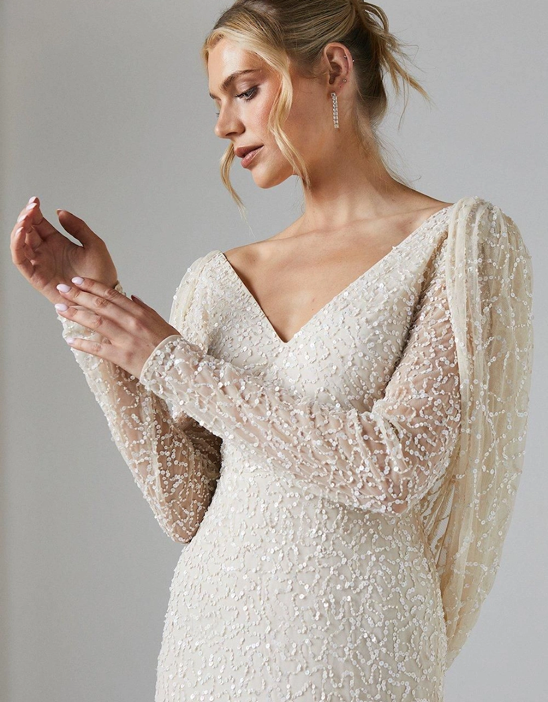 Cowl Back Long Sleeve Embellished Wedding Dress