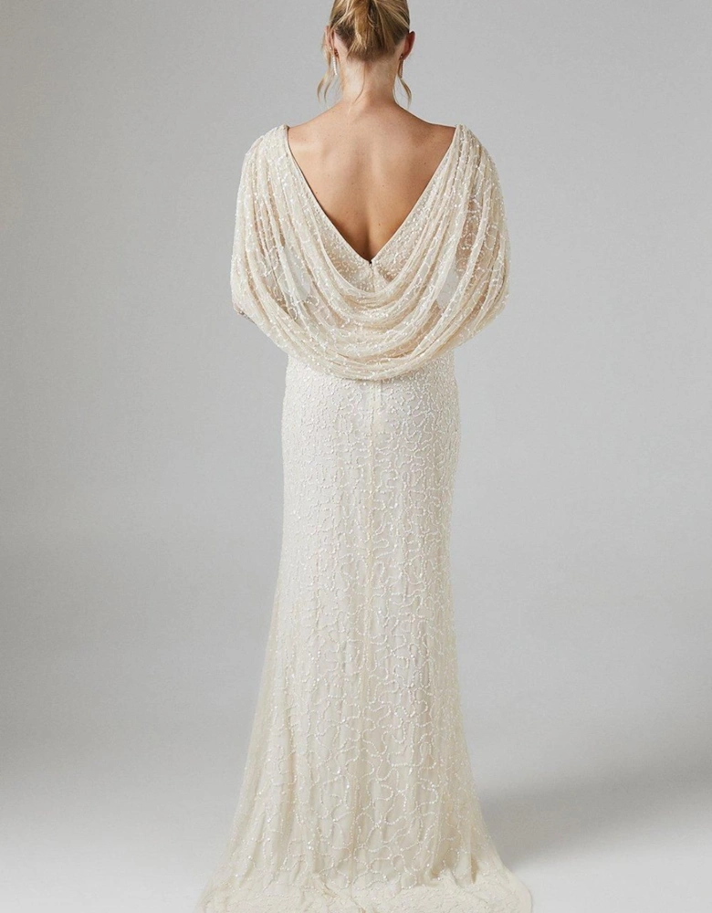 Cowl Back Long Sleeve Embellished Wedding Dress