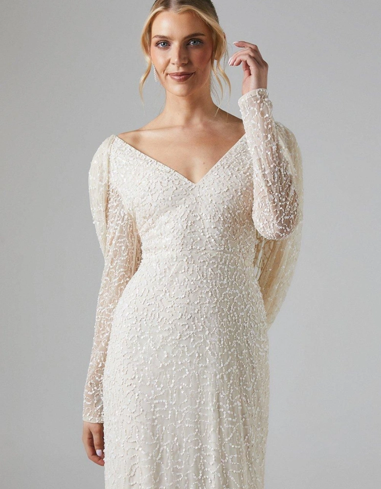 Cowl Back Long Sleeve Embellished Wedding Dress