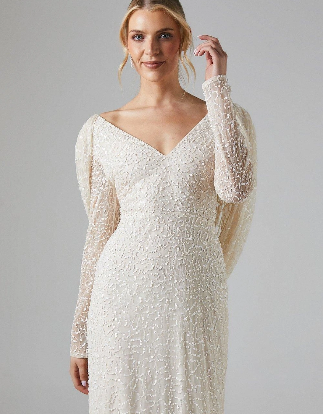 Cowl Back Long Sleeve Embellished Wedding Dress