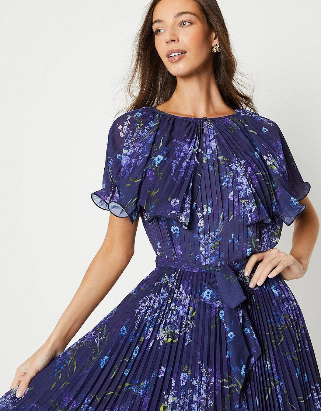 Pleated Cape Detail Midi Dress With Tie Waist