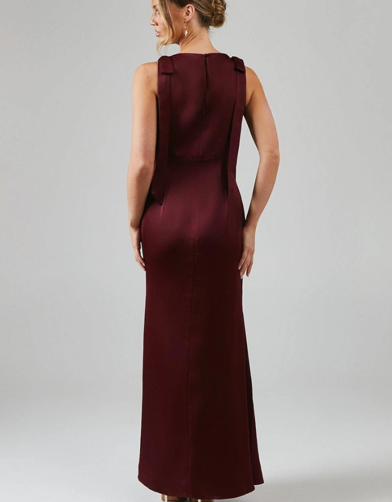 Tie Shoulder Satin Bridesmaids Maxi Dress