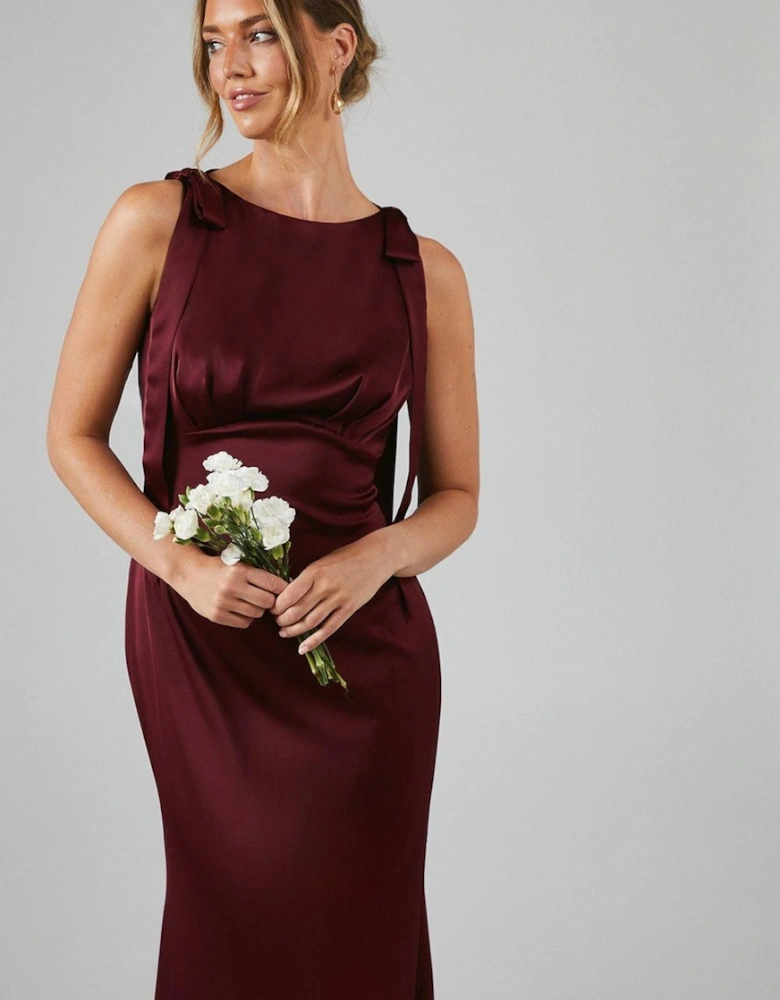 Tie Shoulder Satin Bridesmaids Maxi Dress