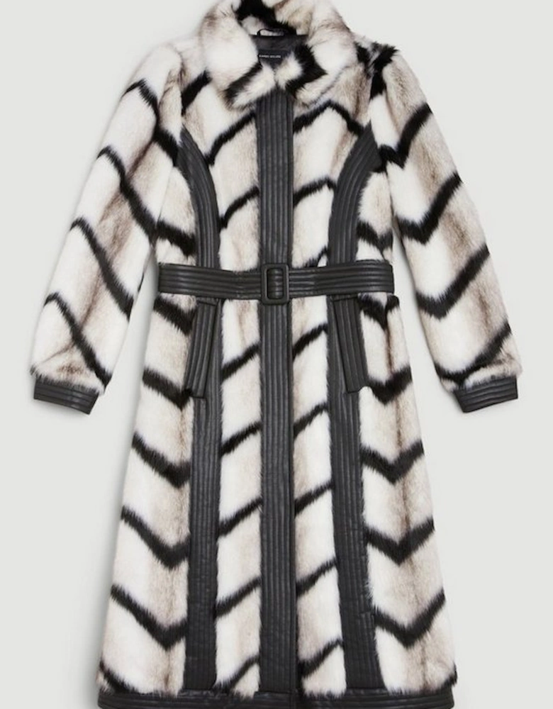 Panelled Stripe Faux Fur Pu Belted Long Coat