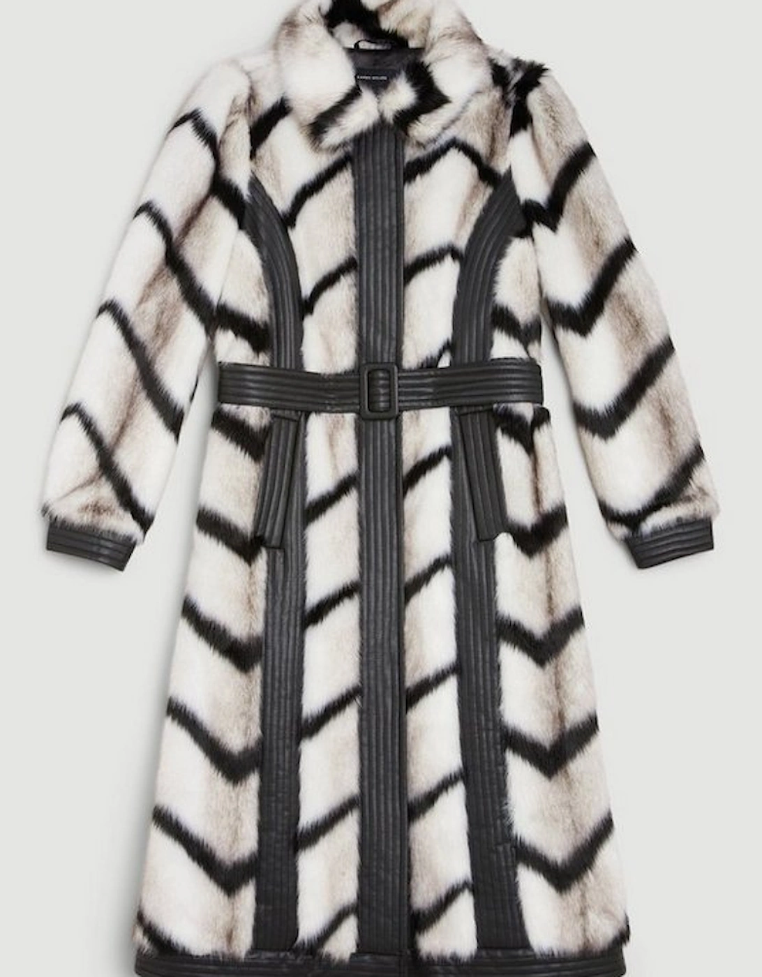 Panelled Stripe Faux Fur Pu Belted Long Coat