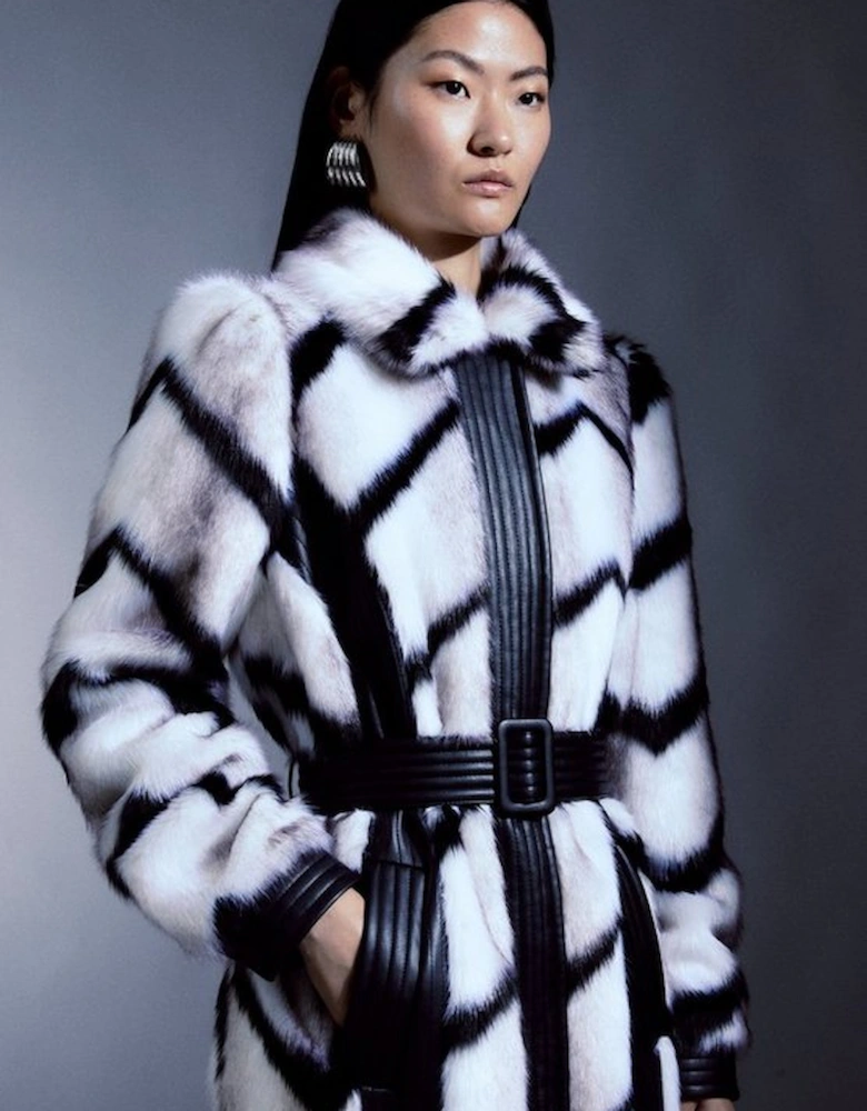 Panelled Stripe Faux Fur Pu Belted Long Coat
