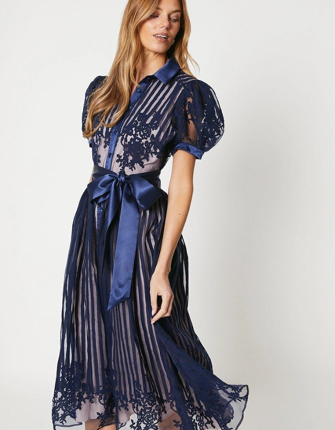 Placement Stripe Organza Puff Sleeve Shirt Dress