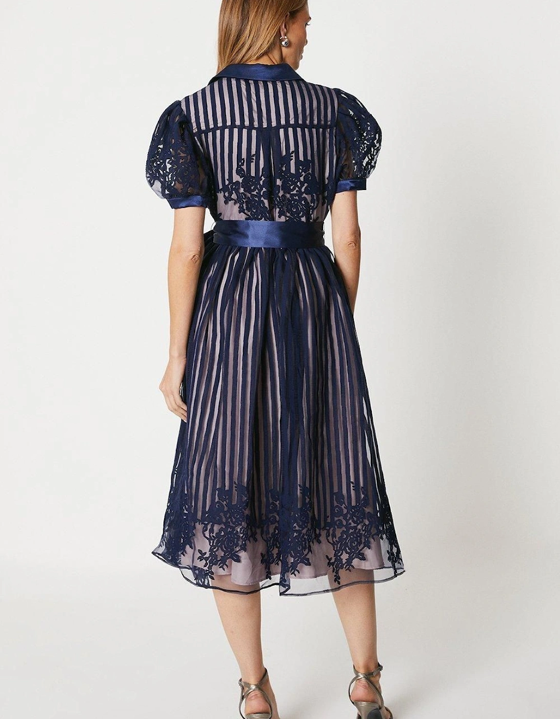 Placement Stripe Organza Puff Sleeve Shirt Dress