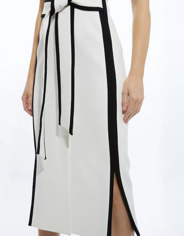 Compact Stretch Contrast Tipped Belted Pencil Maxi Dress