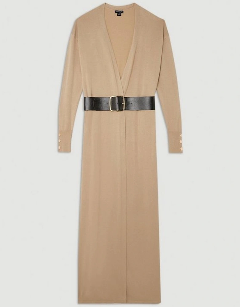 Viscose Blend Knit Belted Maxi Cardigan