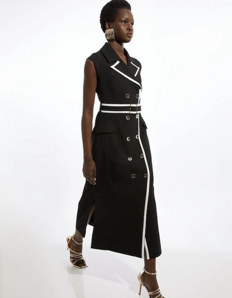 Compact Stretch Double Breasted Belted Tipped Tailored Midi Dress