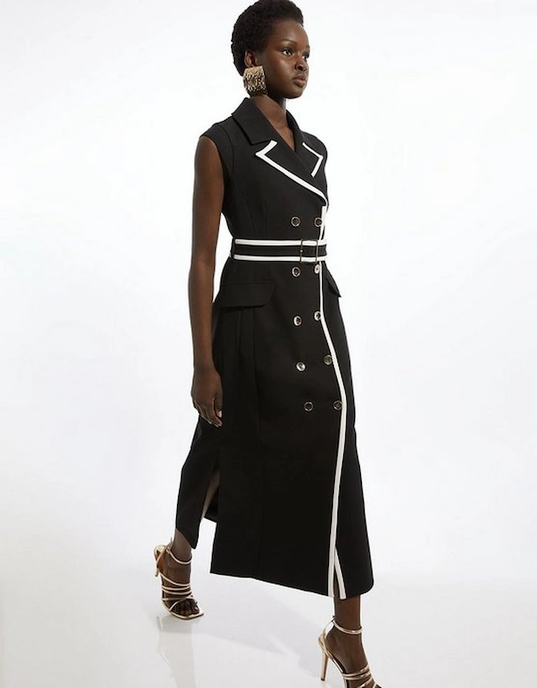 Compact Stretch Double Breasted Belted Tipped Tailored Midi Dress