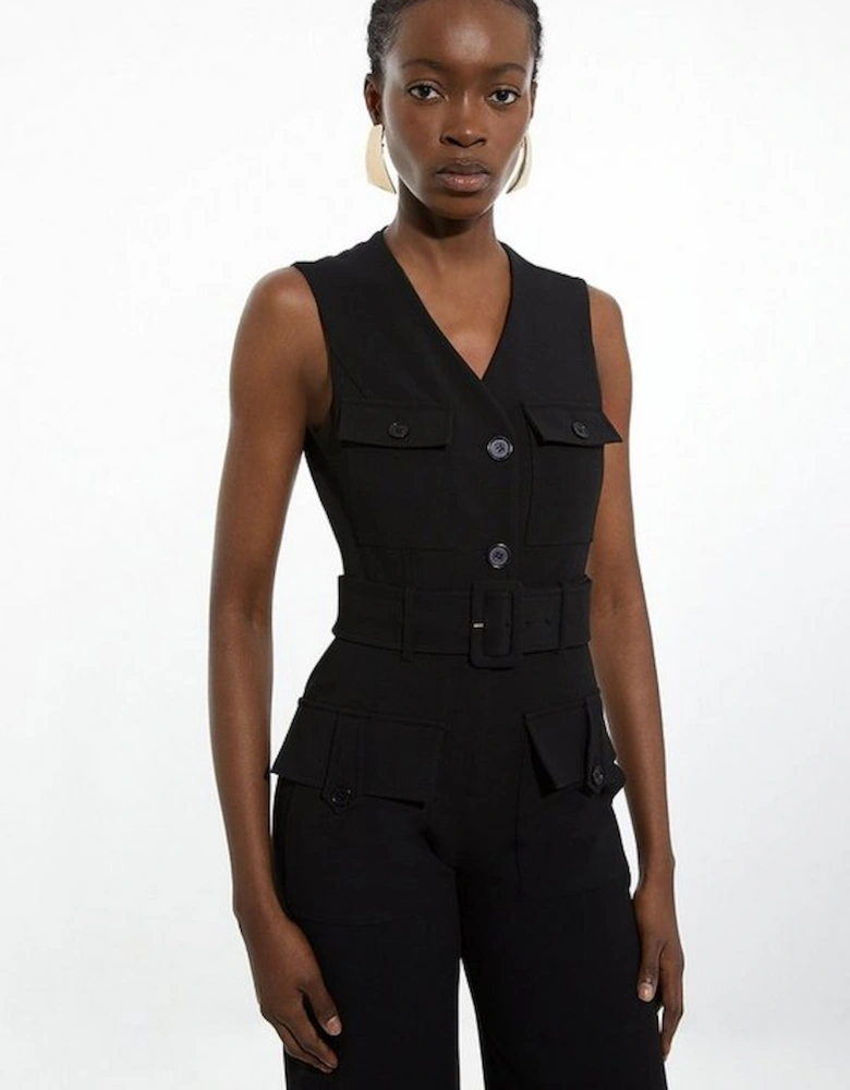 Compact Stretch Tailored Safari Belted Jumpsuit