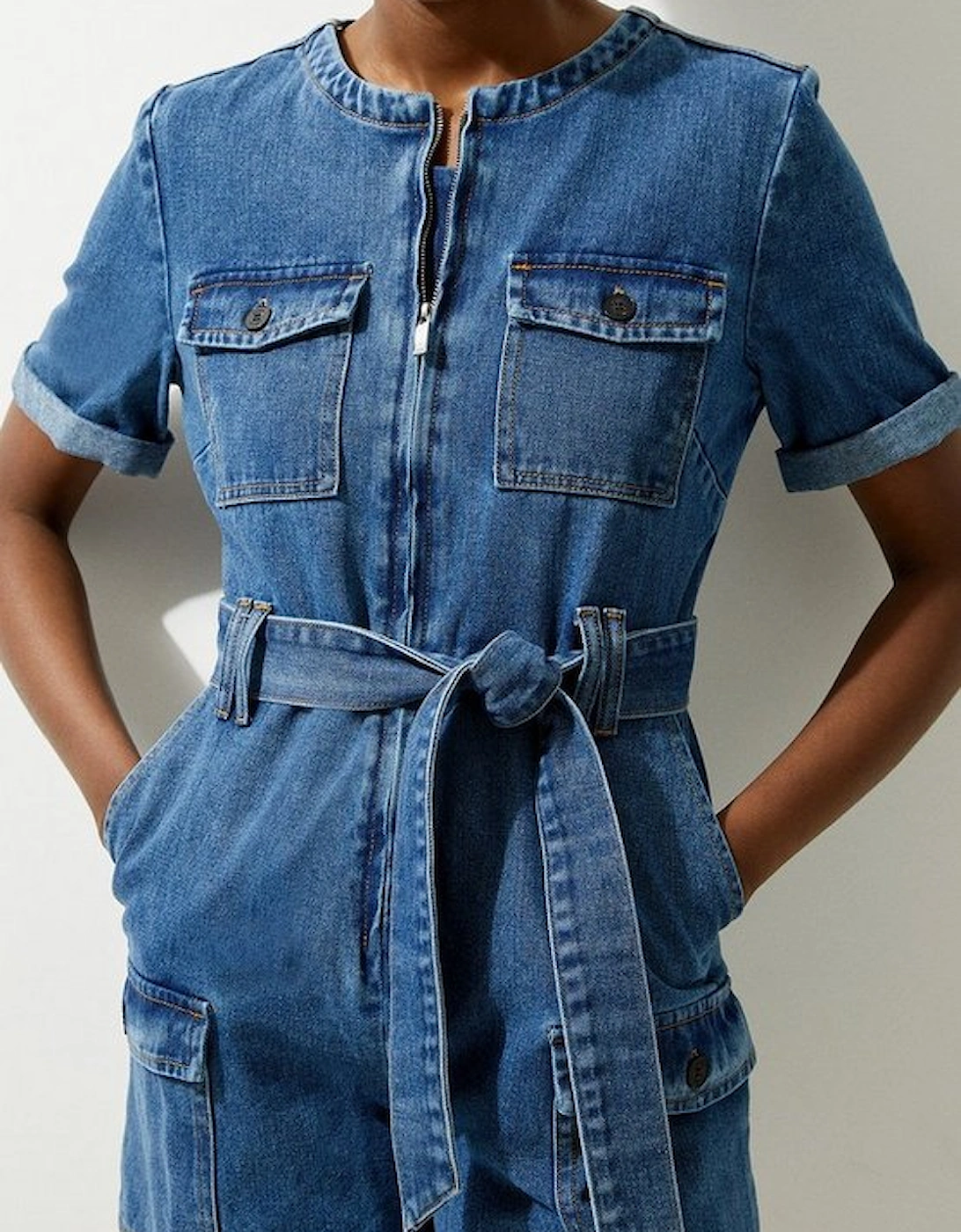 Denim Cargo Pocket Belted Playsuit