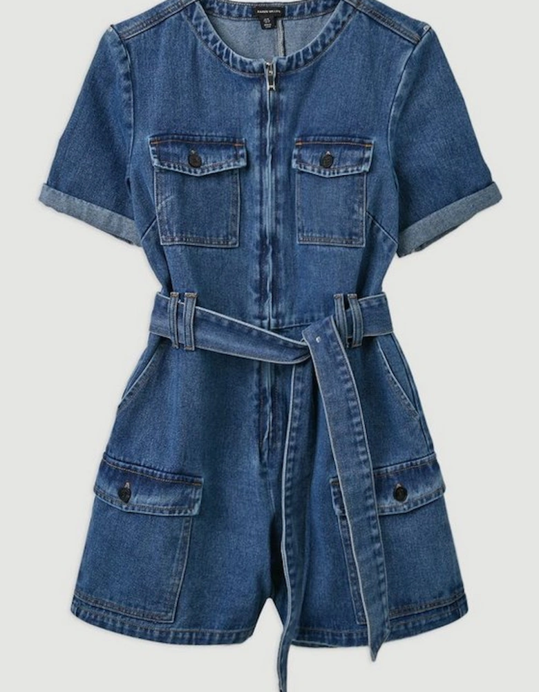 Denim Cargo Pocket Belted Playsuit