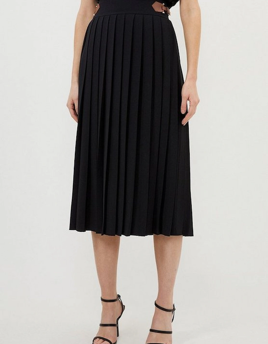 Soft Tailored Crepe Tab Detail Pleated Midi Skirt