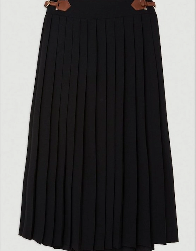 Soft Tailored Crepe Tab Detail Pleated Midi Skirt