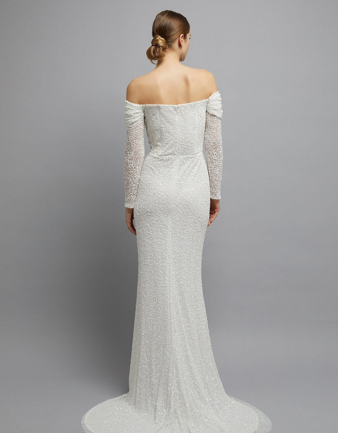 Sequin Draped Bardot Long Sleeve Bridal Maxi Dress