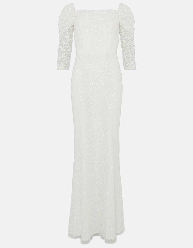 Sequin Draped Bardot Long Sleeve Bridal Maxi Dress