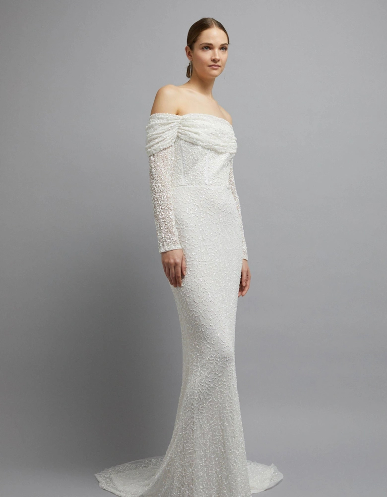 Sequin Draped Bardot Long Sleeve Bridal Maxi Dress