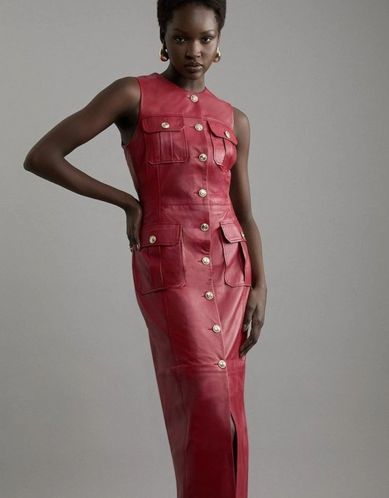Leather Military Button Tailored Pencil Dress