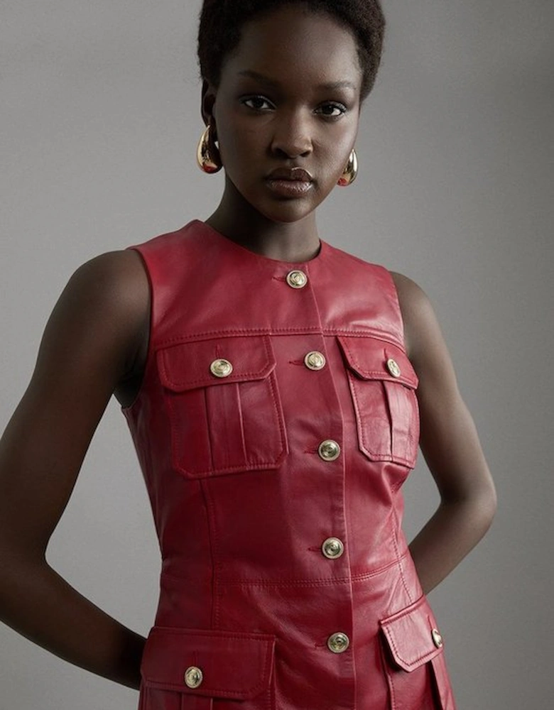 Leather Military Button Tailored Pencil Dress