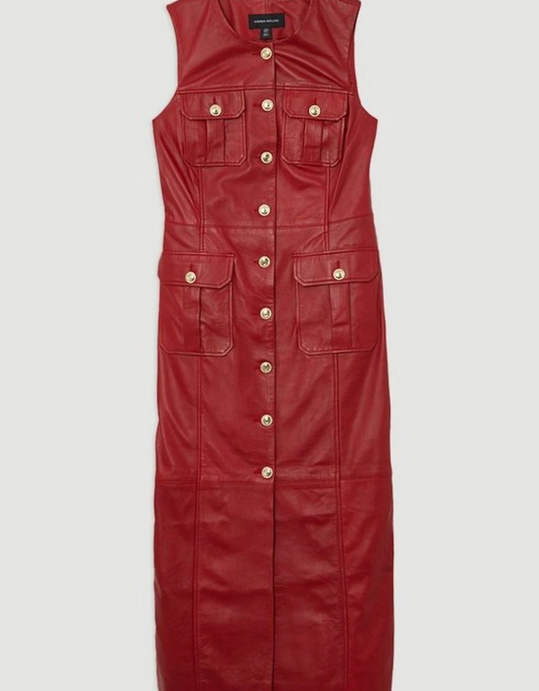 Leather Military Button Tailored Pencil Dress