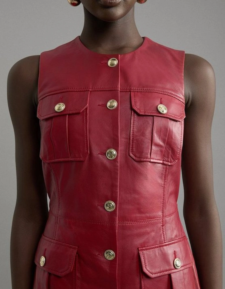 Leather Military Button Tailored Pencil Dress