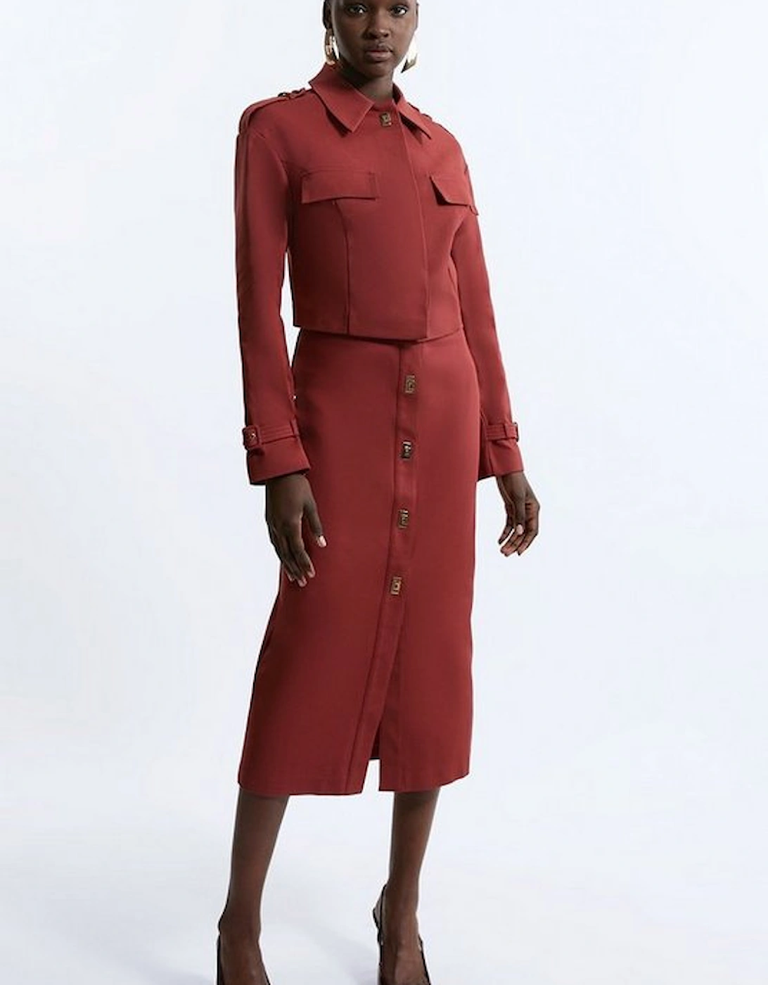 Techno Cotton Woven Hardwear Detail Midi Skirt