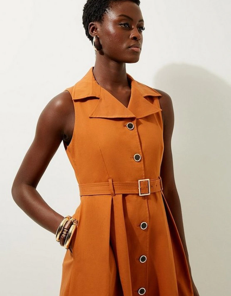 Tailored Cotton Halter Neck Belted Full Skirted Shirt Dress