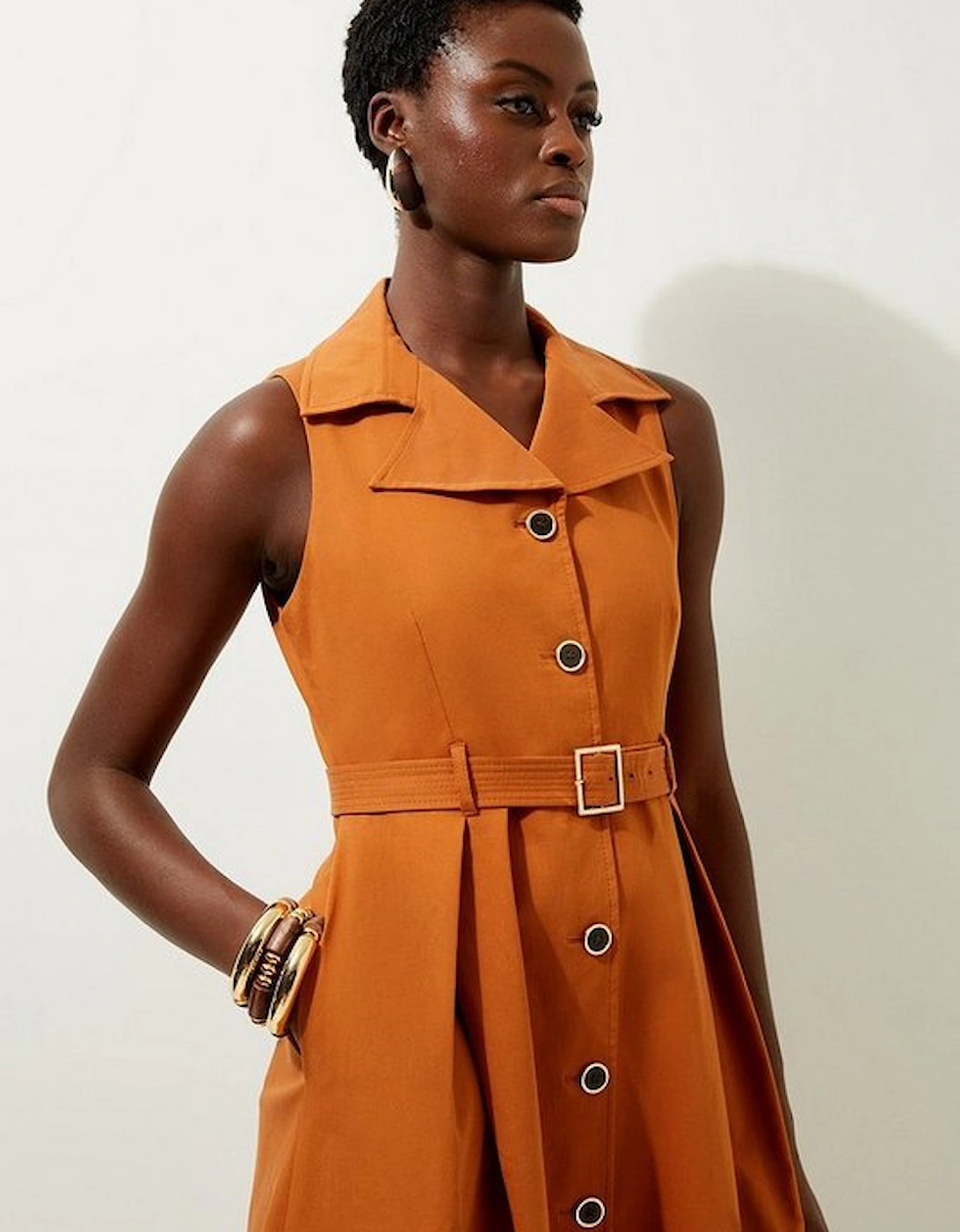 Tailored Cotton Halter Neck Belted Full Skirted Shirt Dress