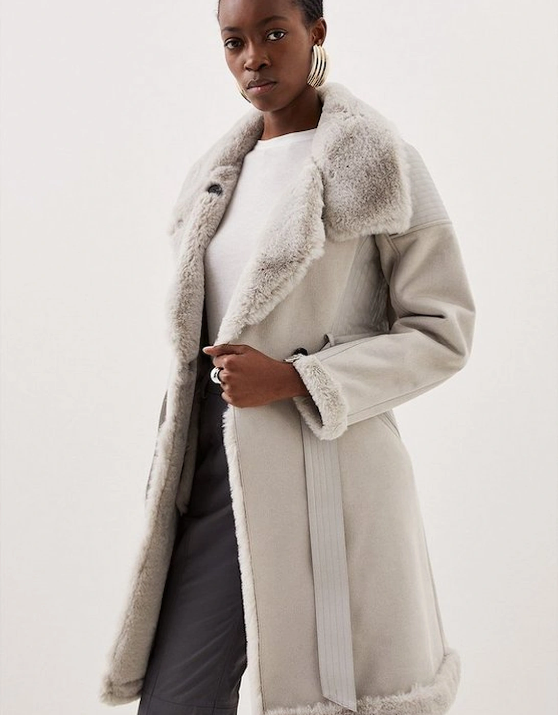 Faux Shearling Biker Longline Belted Coat