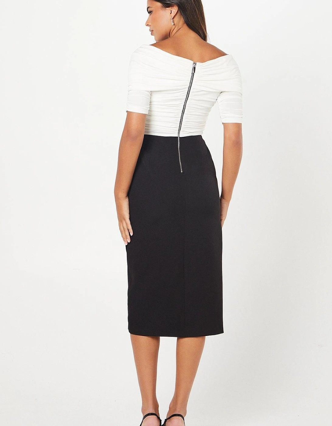 Stretch Crepe Cross Over Neck Pencil Dress