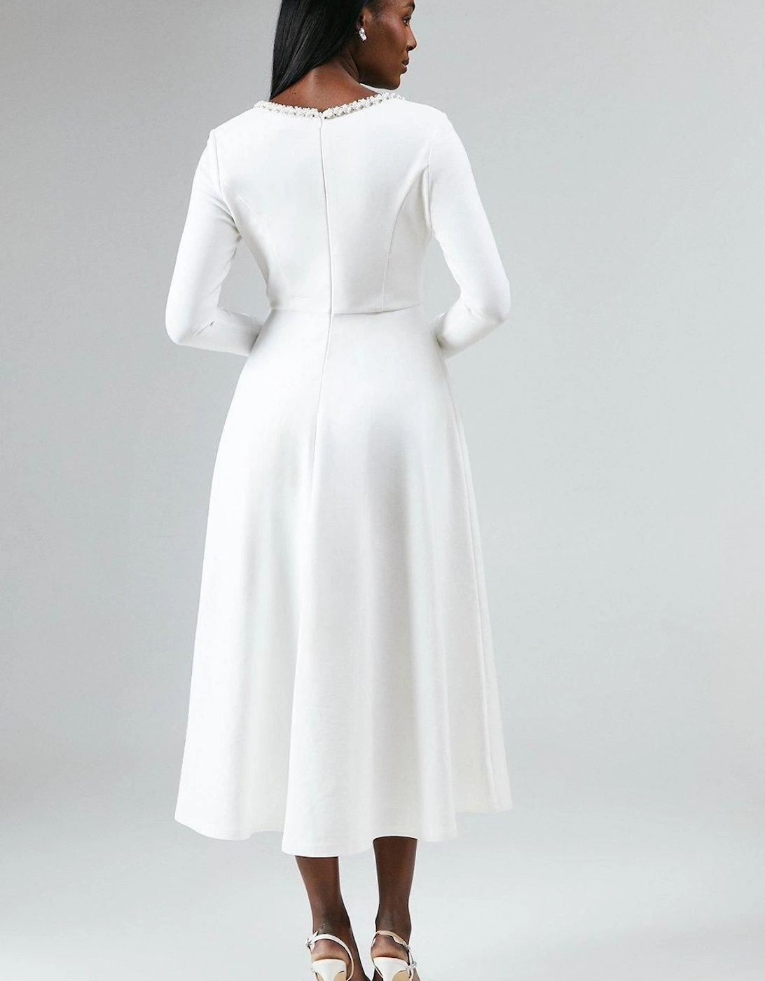 Crystal Trim Ponte Long Sleeve Midi Wedding Dress