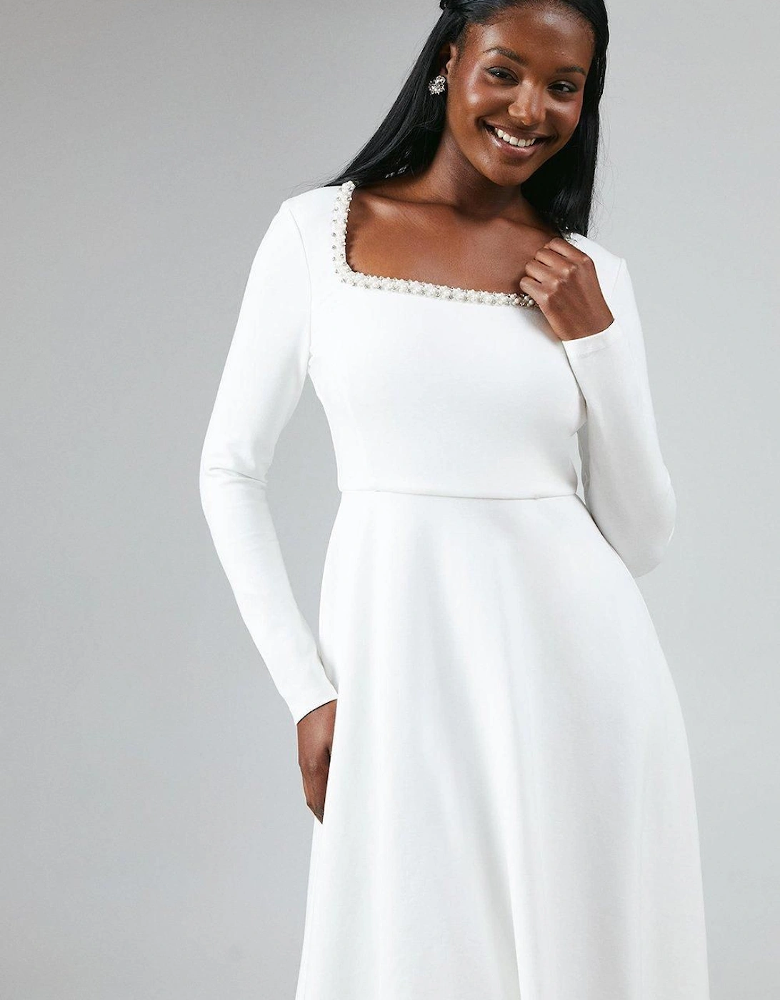 Crystal Trim Ponte Long Sleeve Midi Wedding Dress