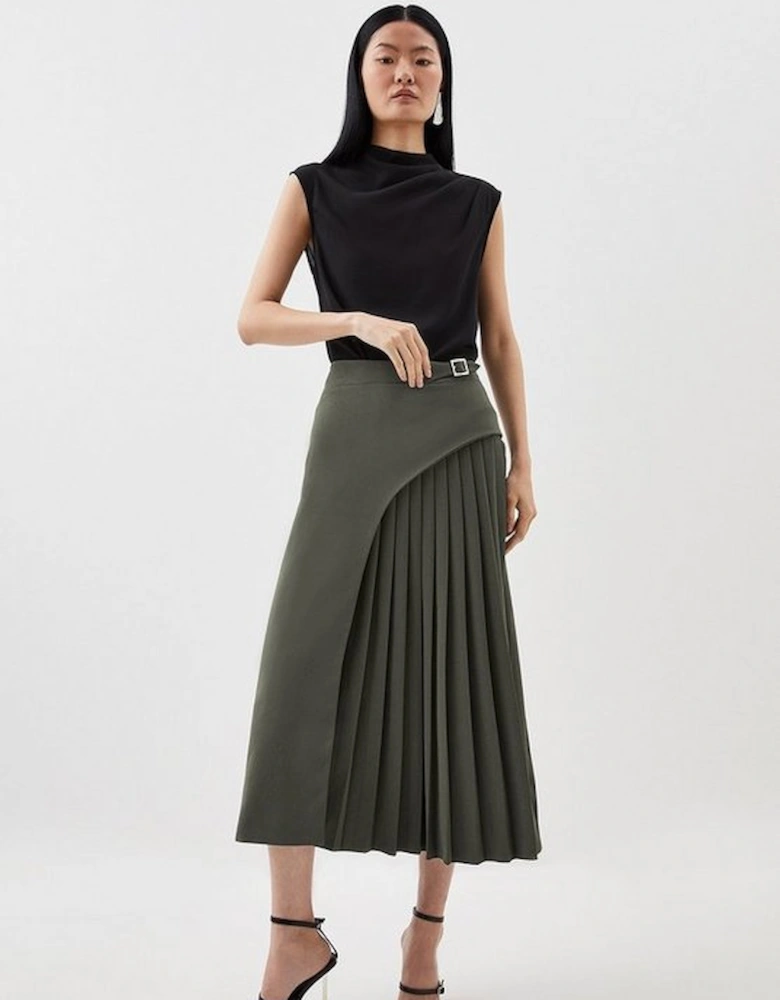 Tailored Buckle Detail Pleated Midi Skirt