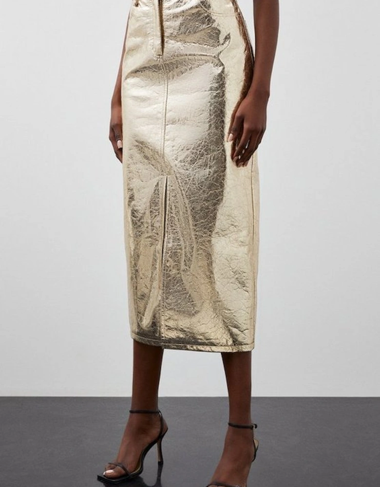 Metallic Faux Leather Midi Skirt