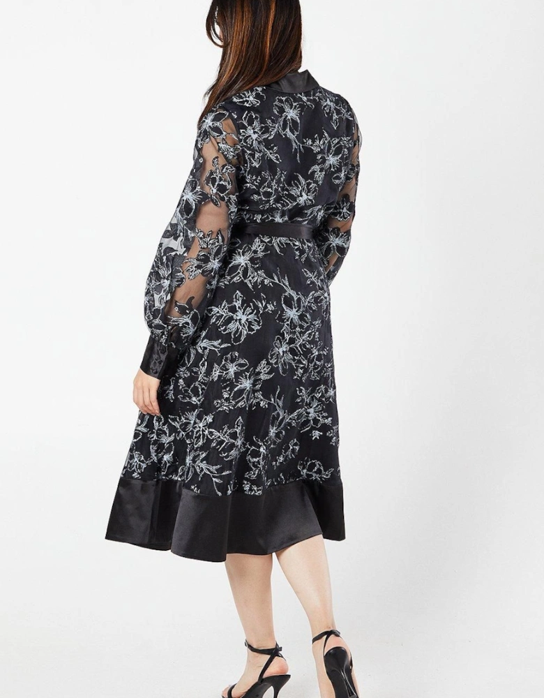 Floral Jacquard Long Sleeve Shirt Dress